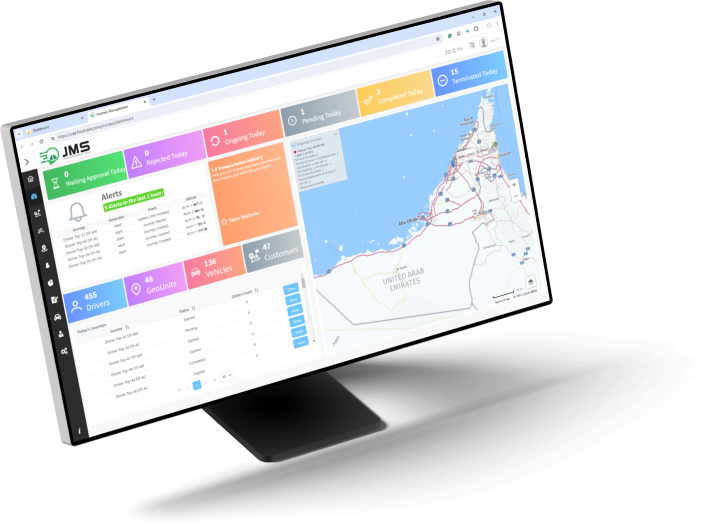 JMS brochure cover with journey management dashboards