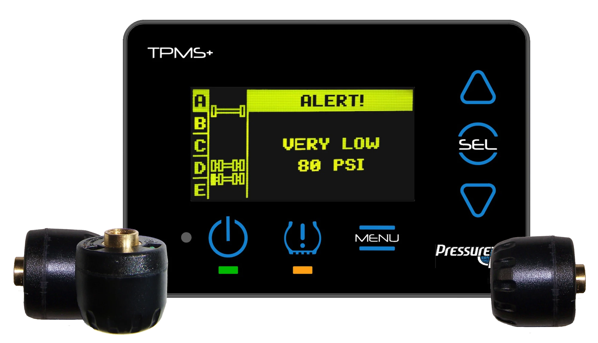 TPMS in-cab monitor showing a low pressure alert with wireless tire sensors
